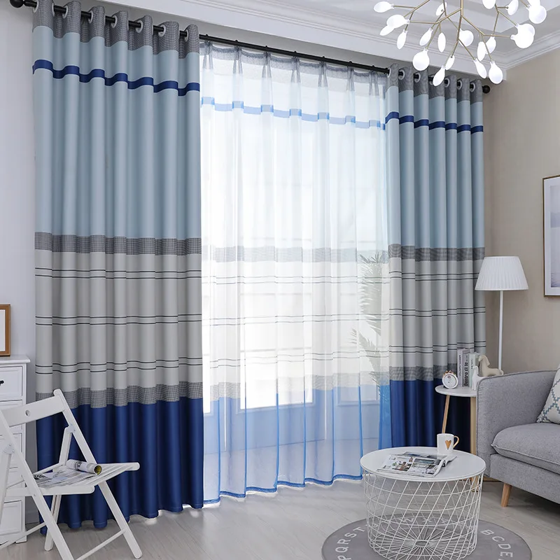 Modern Minimalist Mediterranean Blue Stripes Full Shading Curtains for Living Dining Room Bedroom. | Дом и сад