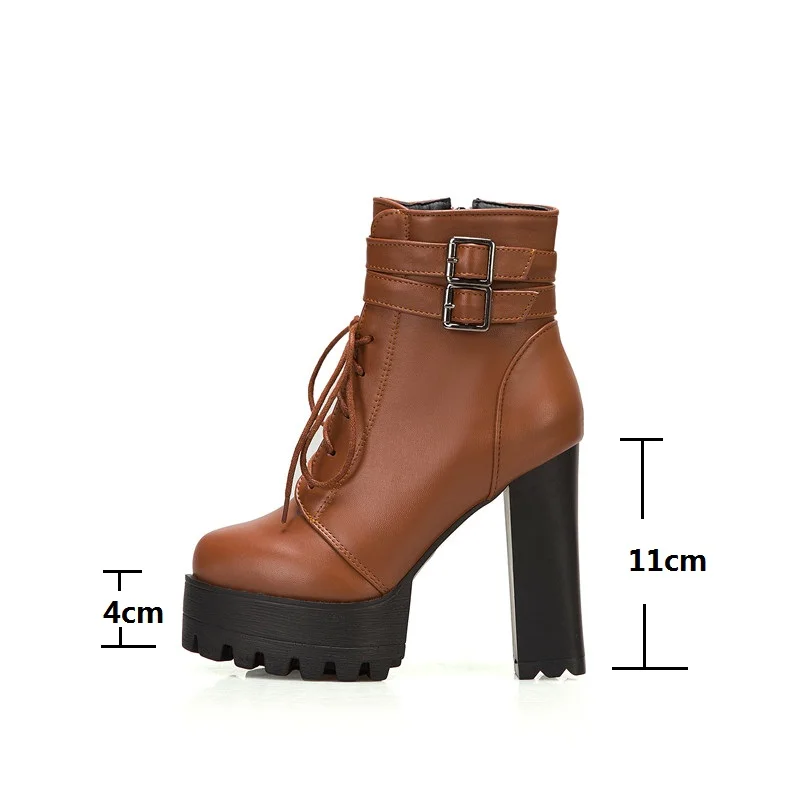 

Plus Size 32-43 Boots Shoes Women's Platform Thick High Chunky Heels Buckled Strap Cross Tied Motorcycle Boots Woman Lady Party