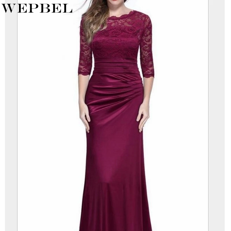 Женское элегантное кружевное платье WEPBEL, винтажное однотонное приталенное платье с круглым вырезом, высокой талией и рукавом три четверти ...