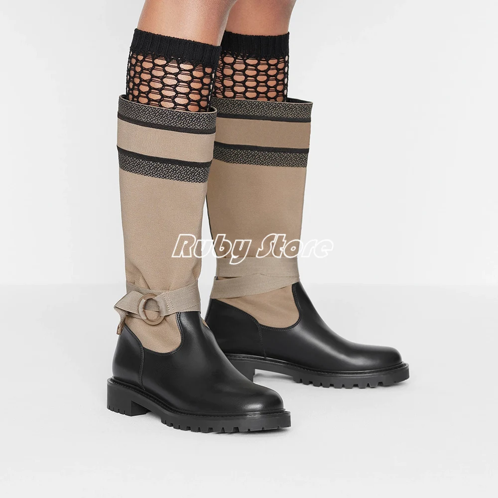 

Technical Fabric and Black Calfskin Adjustable Strap Ankle Boots for Women Real Cow Leather Mid-calf High Boots RB283