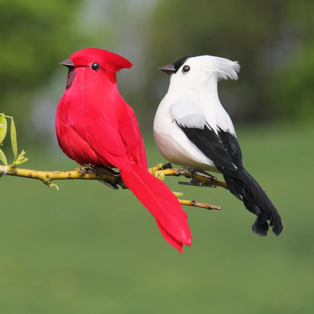 

3PCS Real feather simulation bird, forest garden gardening decoration, bird white red handicraft foam fake bird