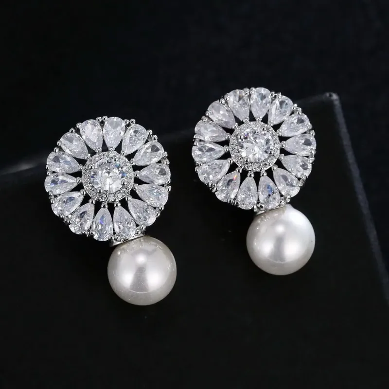 

Exquisite Flower Pearl Zircon Women's Earrings Bbride Engagement Dinner jewelry Sunflower Pin Earrings Jewelry Best Gift