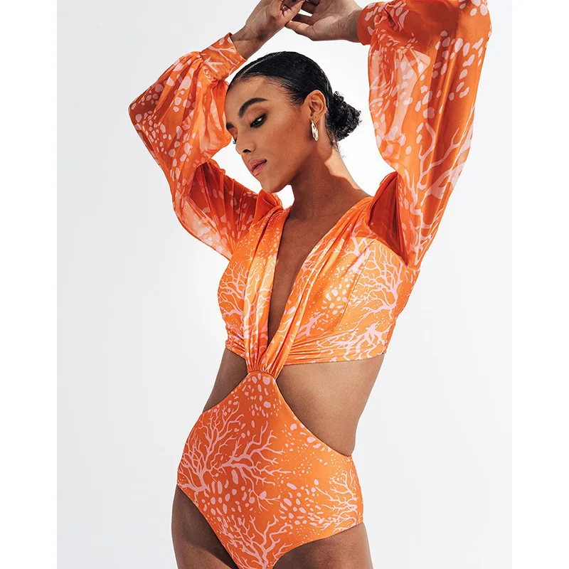 

Printed Long Sleeve Monokini Women's Swimwear One Piece Swimsuit Orange Sexy Female Bathing Suit Padded Beach Wear Swimming Suit