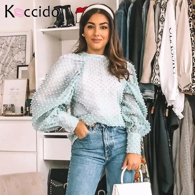 Синие шифоновые женские Топы boho с пышными рукавами элегантные жаккардовые