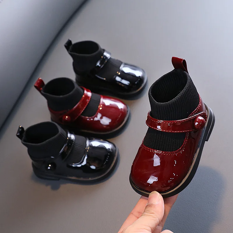 

Autumn Winter Baby Girls Socks Boots Bright Leather Solid Color Children's Single Boots Korean Fashion Girls' Leather Shoes