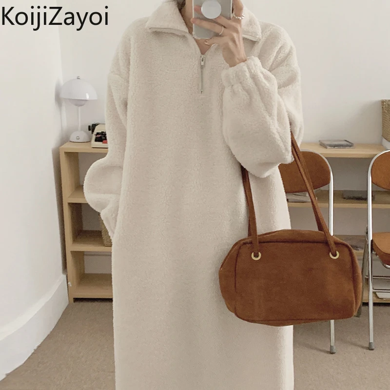 

Толстовка Koijizayoi в стиле оверсайз на осень-зиму, с капюшоном из овечьей кожи, корейская мода, однотонное теплое длинное платье, Повседневное ...