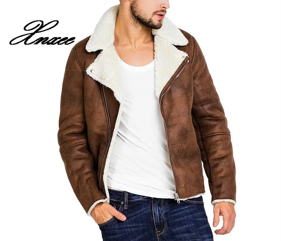 Мужская зимняя куртка из искусственной кожи коричневая замшевая с воротником