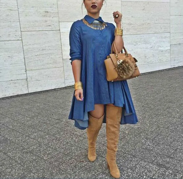 Модная женская джинсовая рубашка Повседневная Свободная с длинным рукавом мини