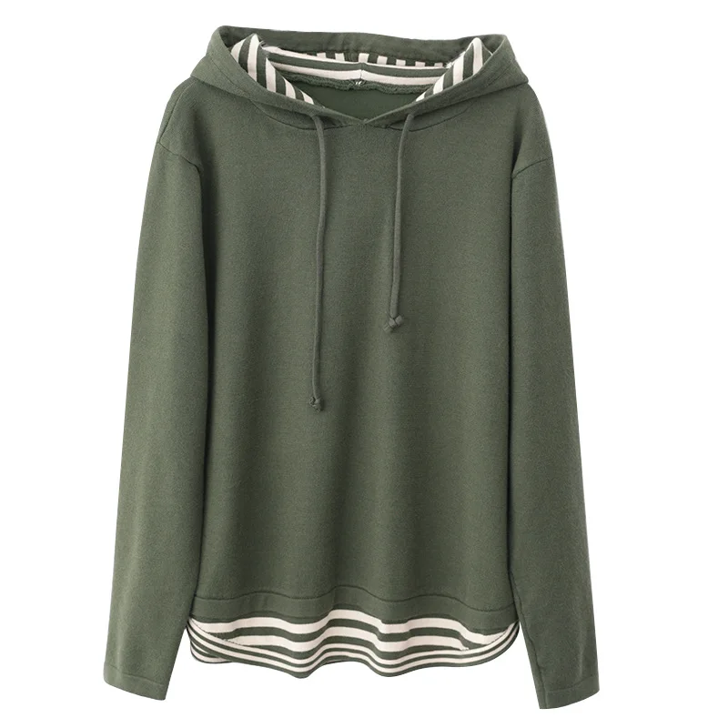 

Casual Hooded Sweater Ladies Stripe Splice Pullovers Women Female Loose Sweater Cotton Loose Jumpers Top Long Sleeve Wild