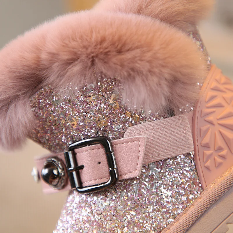 Детские зимние сапоги на кроличьем меху модные с блестками для девочек хлопковые