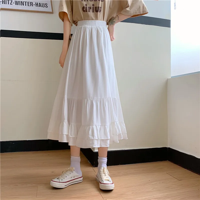 

Korean Style Long Skirts For Women Solid White/Black Ruffles Free Size Long Skirts Student Teenagers Skirts