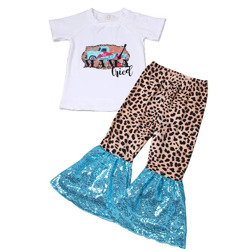 

2020 Wholesale children boutique clothing MAMA tried design leopard sequin ruffle pants baby girls outfits kids clothes set