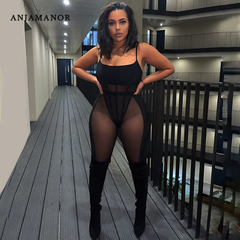 ANJAMANOR Sexy Mesh Patchwork 2 Piece Sets Bodysuit Leggings See Through Black Club Outfits for Women Wholesale Items D85-BH20