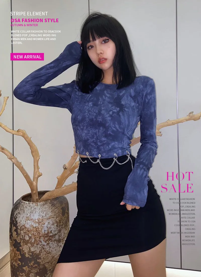 

Gagaopt Homemade New Chain Tie-Dye Dress Women's Design Long Sleeve Short Top Hip Skirt