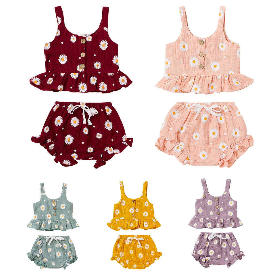 

1-5 Years Kid Girls Summer Clothing Set Toddler Kids Girls Daisy Flower Button Sleeveless Tank Top+Mini Shorts Party Outfits