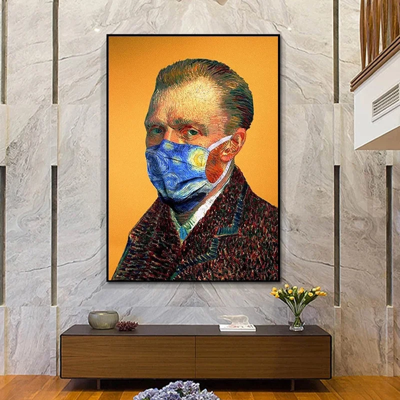 Funny Character Art Van Gogh Wears A Blue Starry Sky Mask Posters Cuadros Canvas Paintings Wall Room Home Decor (No Frame) | Дом и сад