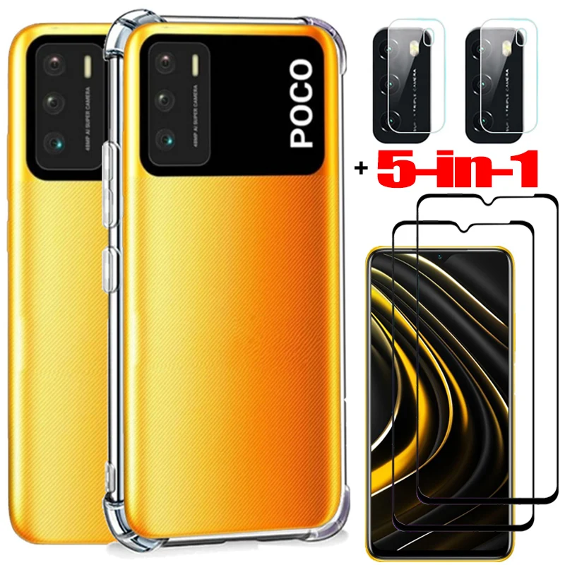 

5-in-1, case for poco-m3 redmi note 9pro 5g shockproof silicone phone cases redmi note9s xiaomi poco m3 glass cover poco m3 case
