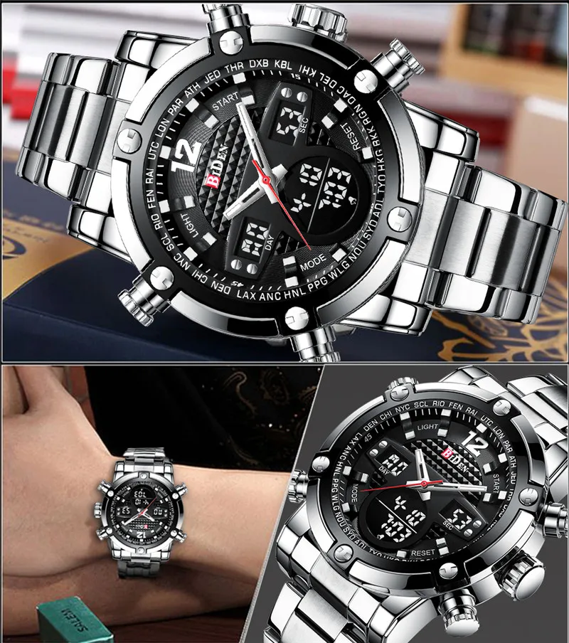 BIDEN Mens Watches Top Brand Quartz Watch for Male Wristwatch Silver Stainless Steel Links Waterproof Calendar Display 0112 | Наручные
