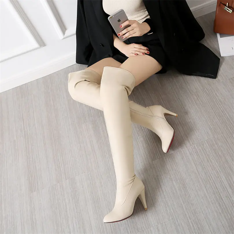 Beige Зимние женские Сапоги выше колена белые Клубные сапоги до бедра из искусственной кожи на высоком тонком каблуке 8 см с острым носком на молнии для верховой езды - Цвет: Beige