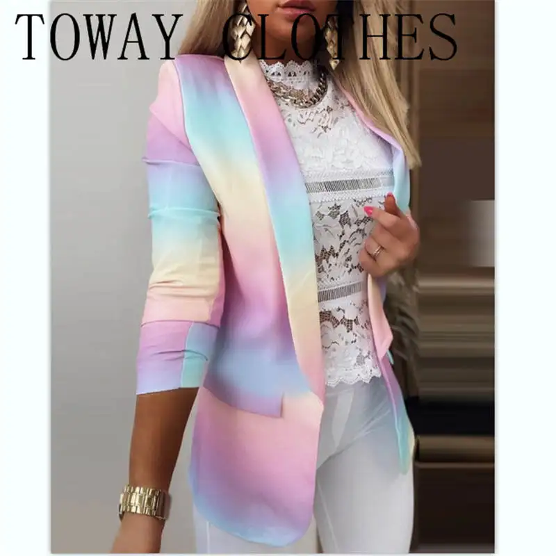 

Ombre Colorblock Denim Checker Butterfly Colorful Stripe Print Long Sleeve Blazer Coat New Causal Chic Jacket Office Work Suit