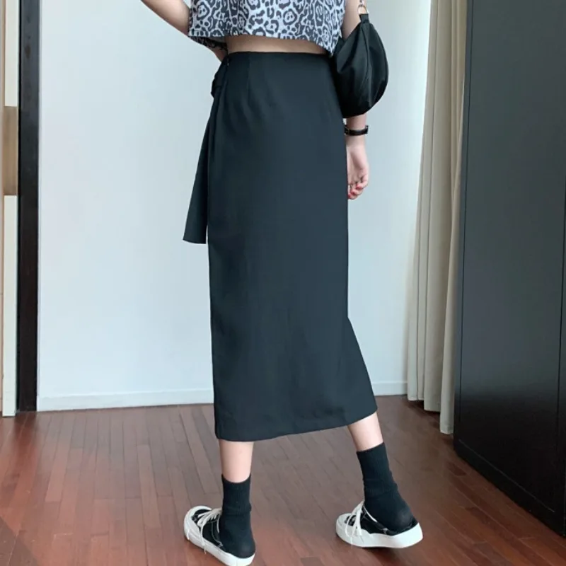 

2021 New Summer Black High Waist Slimming Irregular Slit Skirt Women's Ins Temperament Mid-Length A- line Skirt