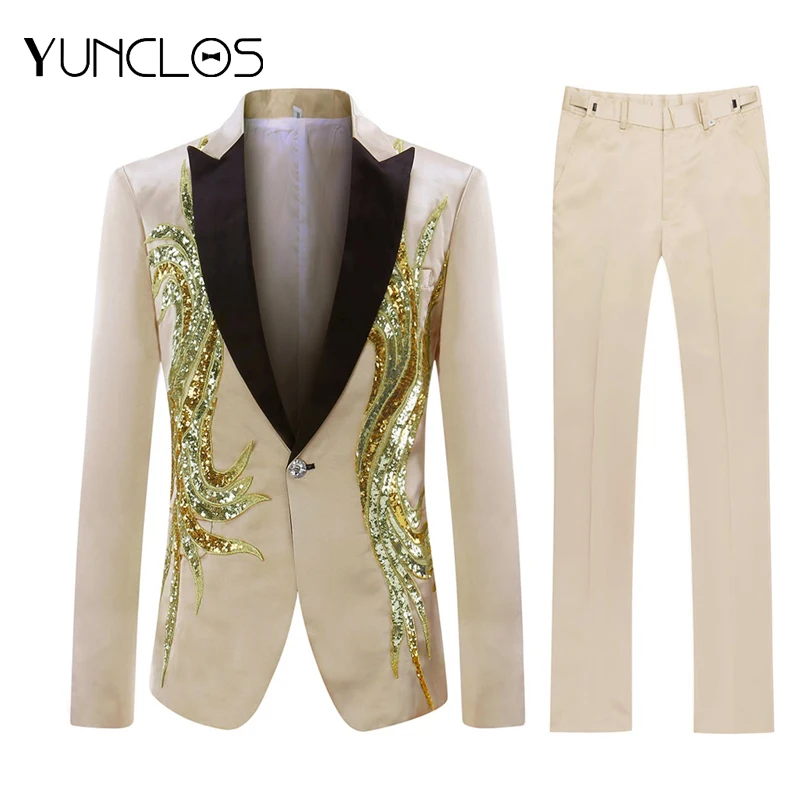

Европейский размер мужской костюм с пайетками вечерние платья 2 предмета Золотой Цвет шаль воротник приталенный Костюм Роскошные Алмазные ...