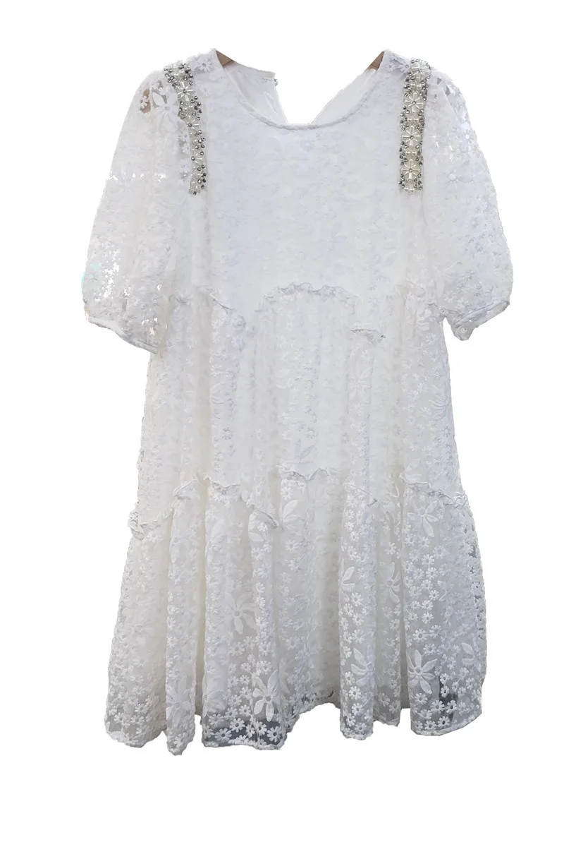 

2021 New Summer European Gentle Diamond Stitching Lace Ruffled Short Sleeves Dress Female Princess Dress