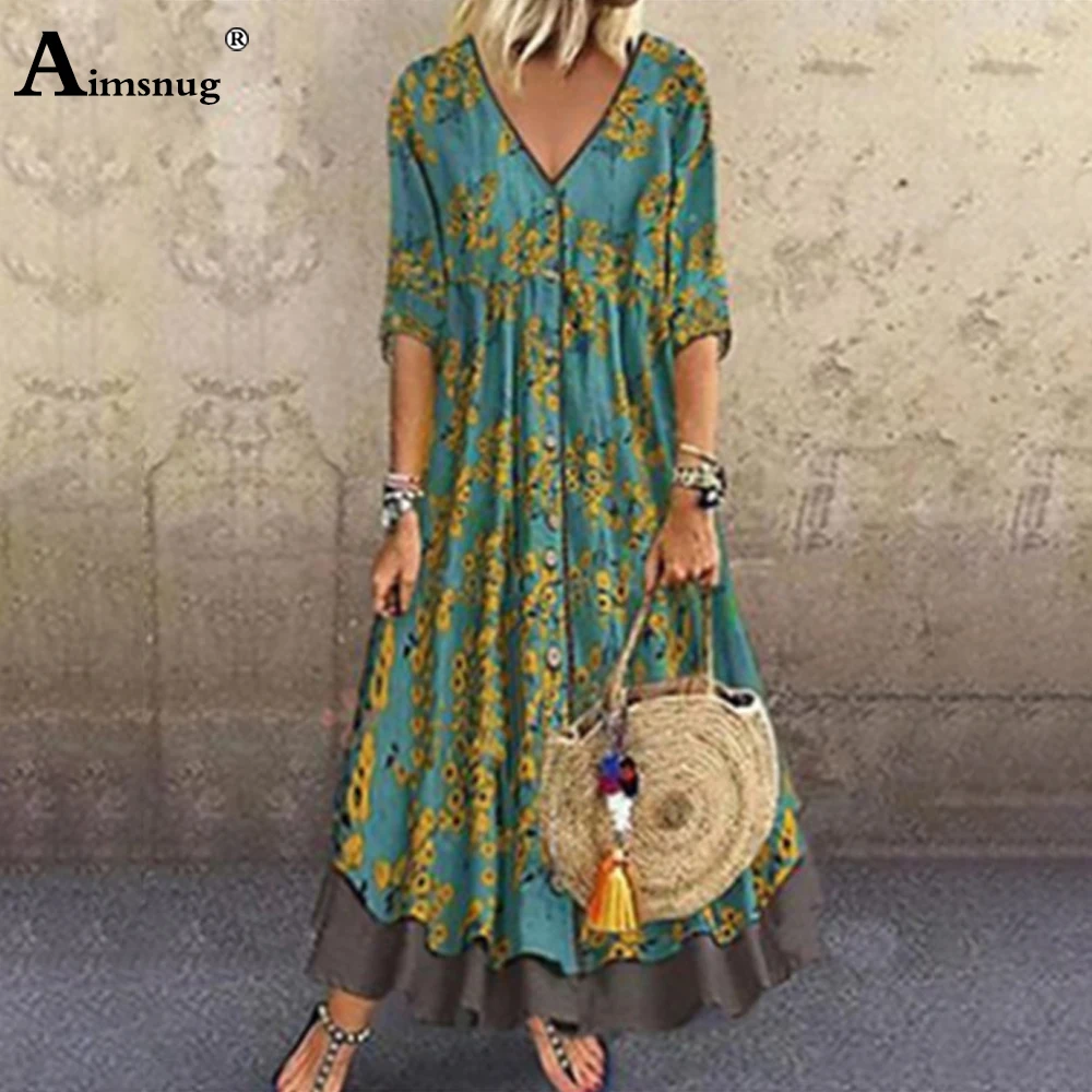 Женское длинное платье макси с V образным вырезом свободное в стиле бохо принтом