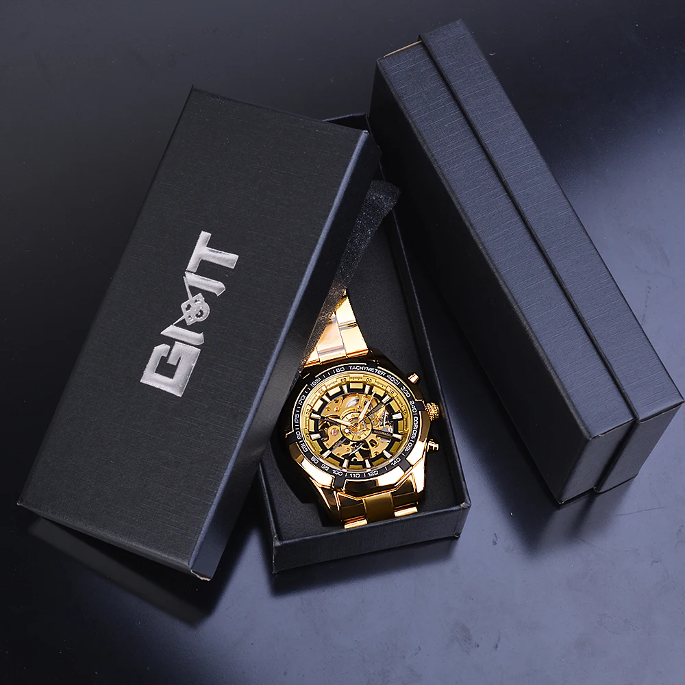 Мужские часы Forsining спортивные с золотым чехлом наручные Королевского бренда