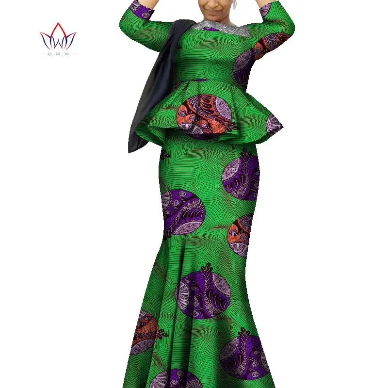 African Traditional Wear for Women Full Sleeve Wholesale 2 PCS Long Skirt Suit Frills Ankara Elegant Outfit For Women WY8515