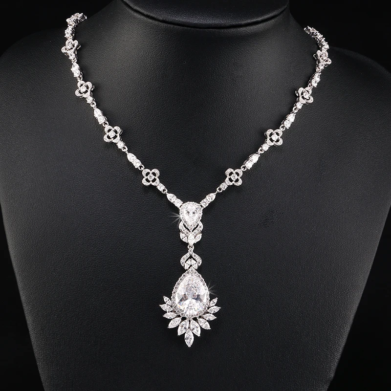 White Necklace RAKOL элегантный роскошный большой голубой цвет воды Dorp кулон серьги ожерелье Изысканный кристалл набор украшений для женщин RAS2014K - Окраска металла: White Necklace