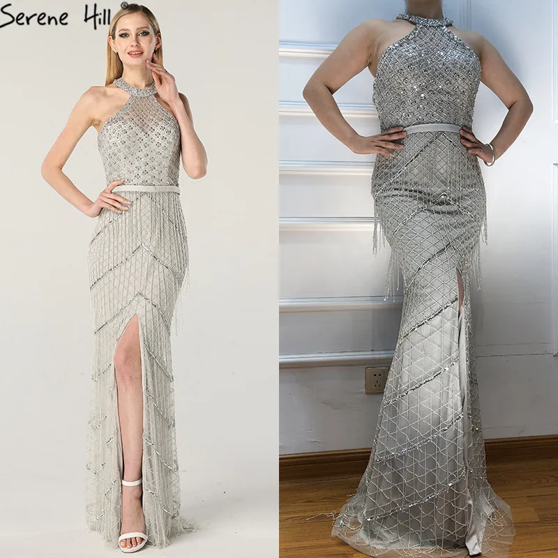 Женское вечернее платье с бахромой серое лямкой на шее Роскошное дизайнерское