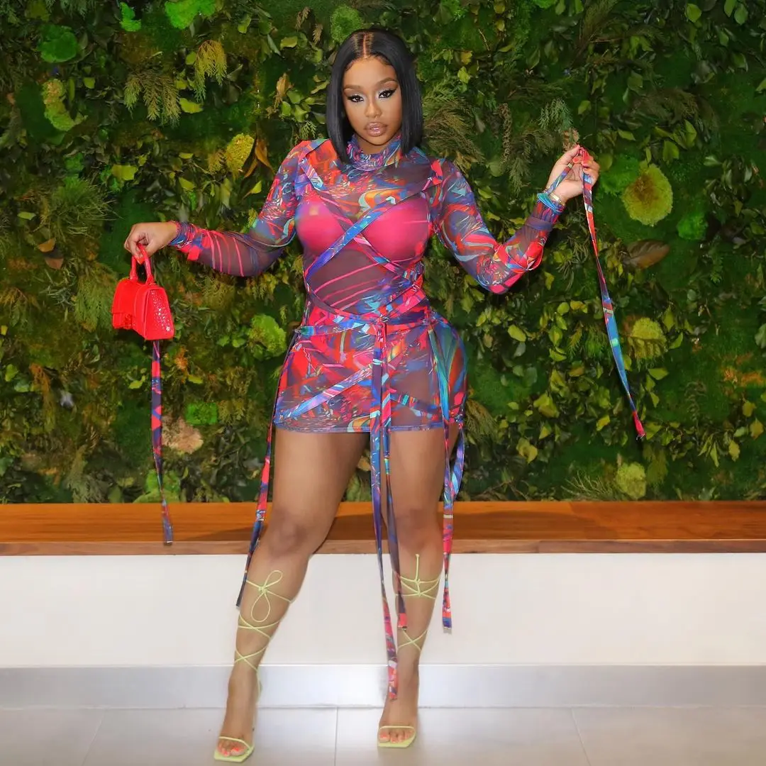 

Women Long Sleeve Slim Bodycon Mini Dress Summer Casual Mesh Lace-up Printed Pattern Turtleneck One-piece Dresses Beach 2021