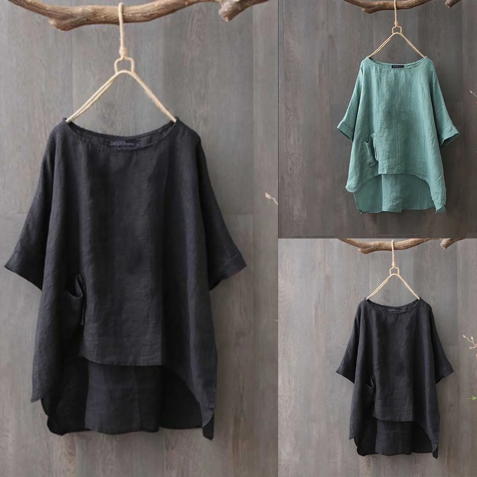 

Women T Shirts Large O-Neck Pocket Solid Irregular Cotton Linen T-Shirt Top Blouse Surchemise Femme Carreaux Roupa Feminin 811#Q