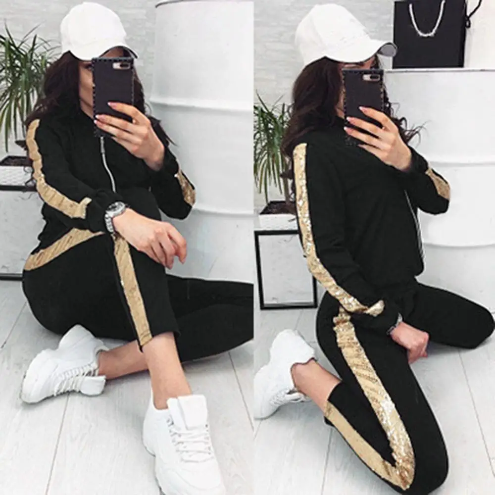 Женский спортивный костюм с блестками повседневная куртка вышивкой и брюки