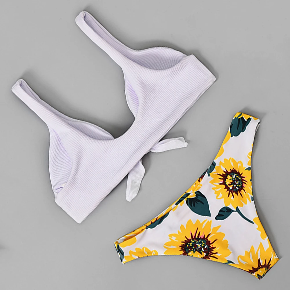 Женский купальник с принтом подсолнуха пикантный завязками спереди пуш ап