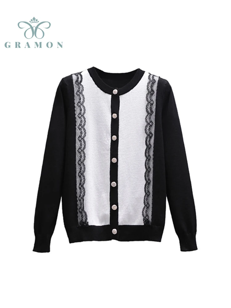 

Knitted Cardigan Woman Spring Autumn New Single Breasted Vintage Fashion Plus Size Long Sleeve Lace Loose Lady Sweater Knitwear