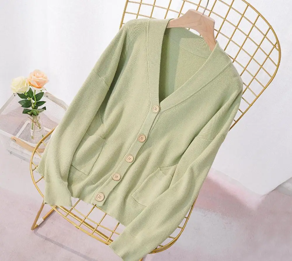 2019 women's actumn v-neck cardigan thick loose sweater causal pocket single breasted cardgians for female's |