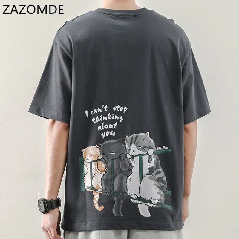 Купи ZAZOMDE 2022 Man Shirt Casual Tshirt Homme O Neck Boys Clothes Summer Top Tees Kitten print T Shirt Funny Male Casual Tees за 882 рублей в магазине AliExpress