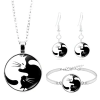 black white yin yang cat glass pendant necklace bracelet bangle earring jewelry set totally 4pcs for women fashion sweater chain