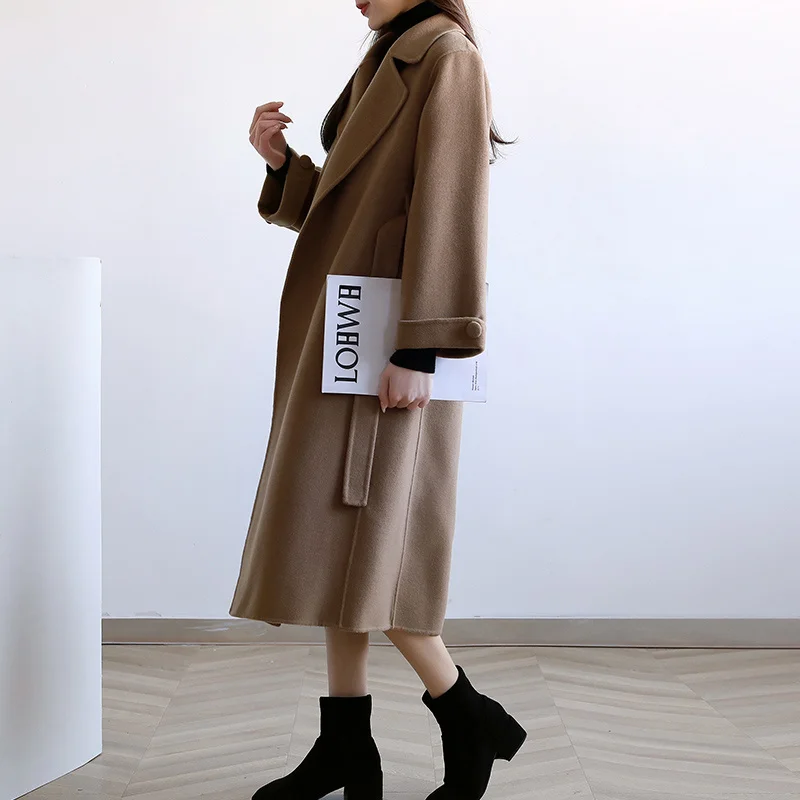 Женское двустороннее кашемировое пальто корейское свободное шерстяное средней