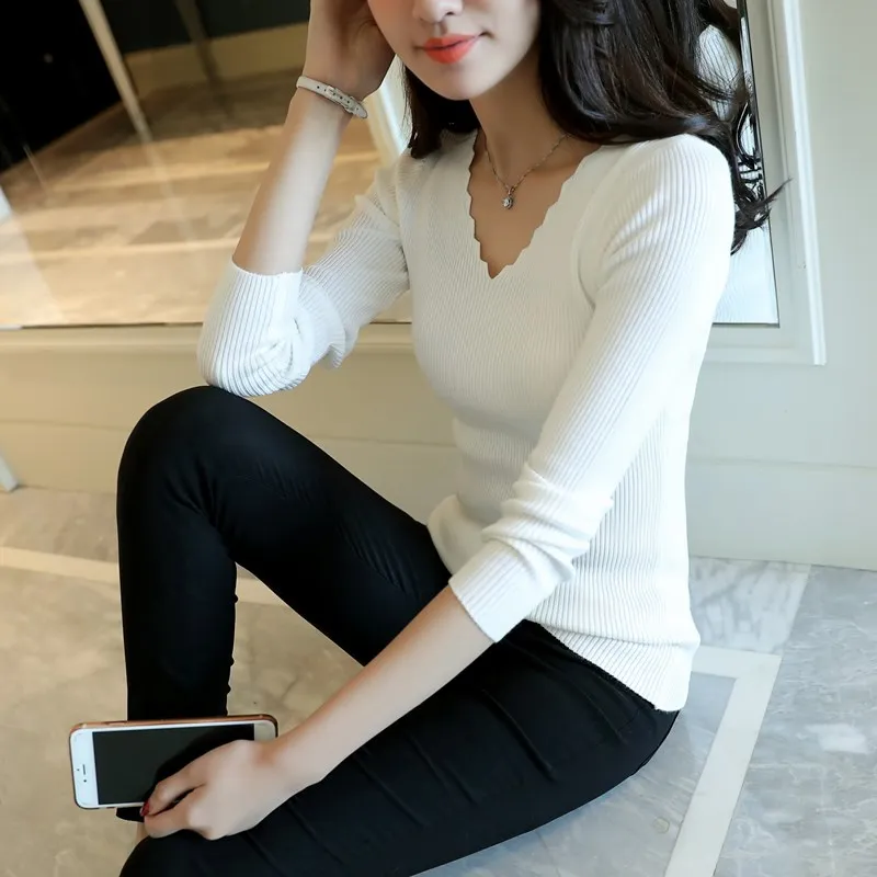 Autumn Long Sleeve Sweater Women Winter Pullovers Solid Black White Knitted Tops Wave Cut V-neck Basic Office 7809 50 | Женская одежда