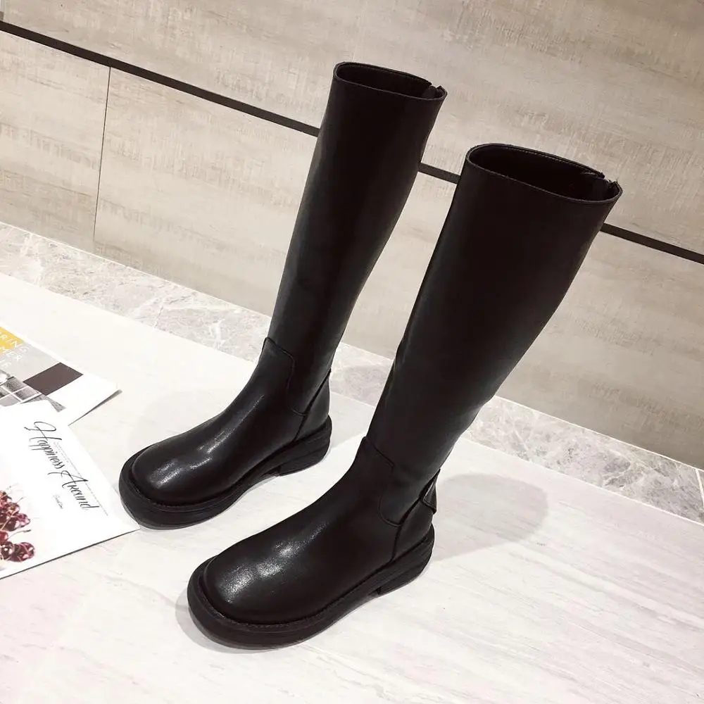 

NIUFUNI Mid-Calf Solid Color Round Head Low Heel Women's Boots PU Leather Back Zipper Rain Boots Slim Women's Shoes Martin Boots