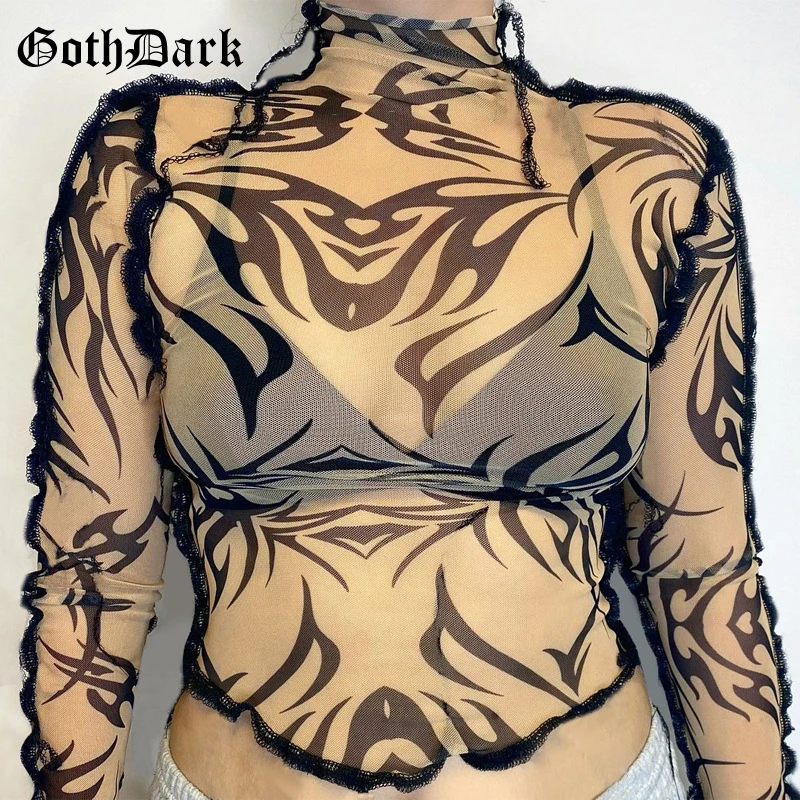 Готический Темный панк сетчатый в готическом стиле женские футболки Гранж хип