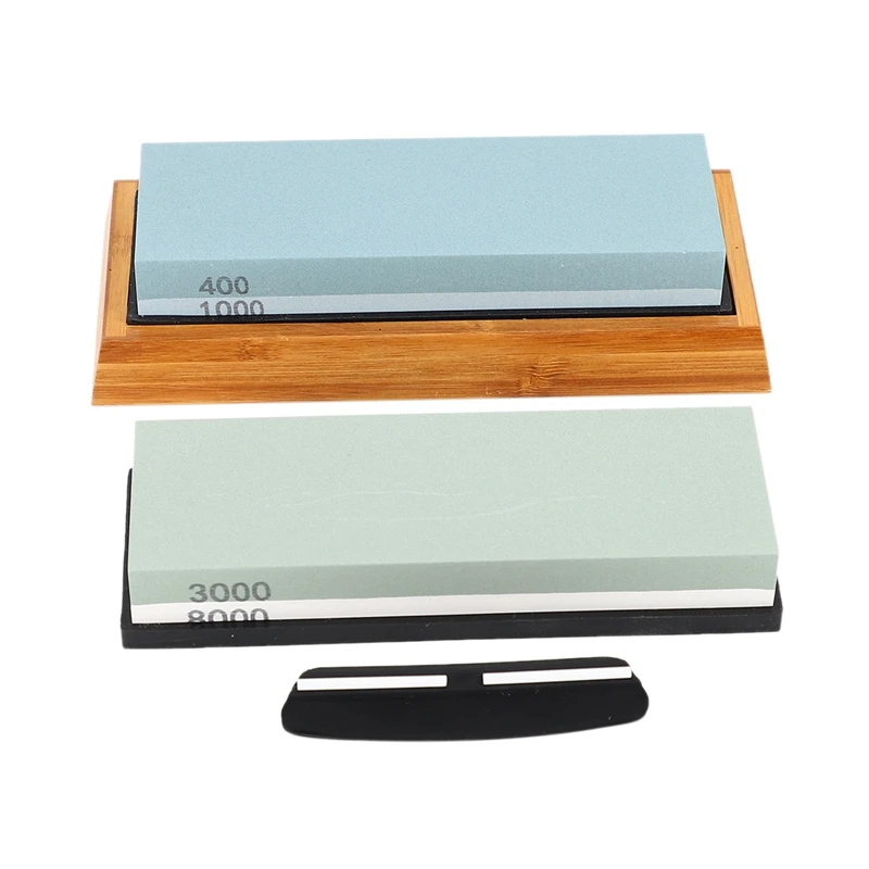 

Sharpening Stone Set, Whetstone 2-IN-1 400/1000 3000/8000 Grit, Waterstone Wooden Holder and Knife Guide Included