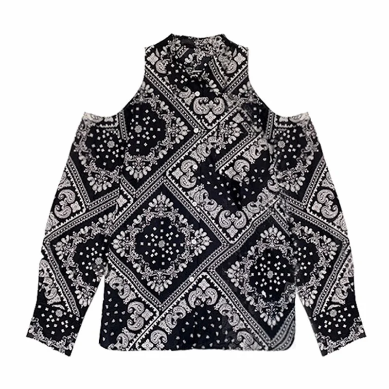 

Sister Fara Chic Print Strapless Women's Shirt Summer Thin V-Neck Single Breasted Casual Blouses Ladies Loose Long Sleeve Blouse