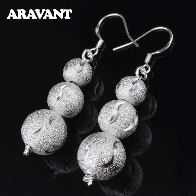 

925 Silver Long Scrub Bead Earrings Wedding Fashion Jewelry For Women