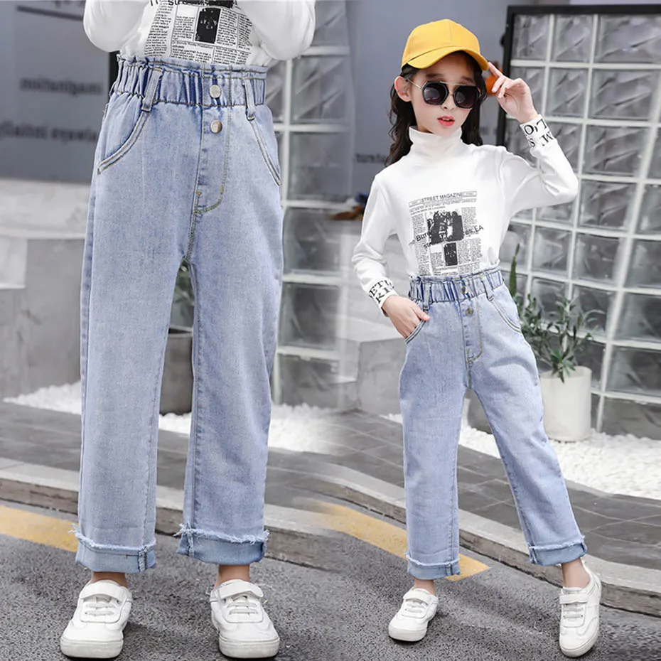 Джинсы для девочек однотонные джинсы повседневные стильные детские подростков