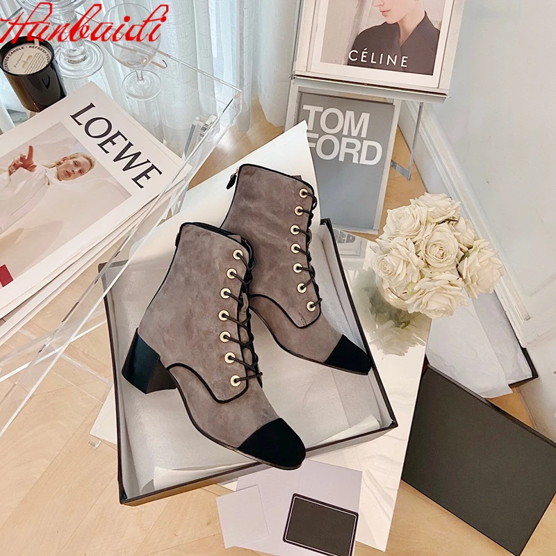 

Женские ботильоны из натуральной замши, на высоком массивном каблуке, со шнуровкой, модельные вечерние классические ботинки, 2022