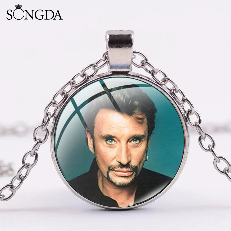 

Rock French Star Johnny Hallyday Souvenirs Necklace Glass Photo Dome Pendant Punk Metal Chain Necklace Men Women Jewelry